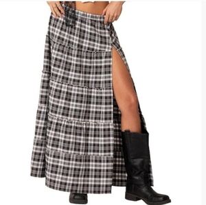 ​Edikted Brown Plaid Tiered Maxi Skirt with Side Slit - Size Medium